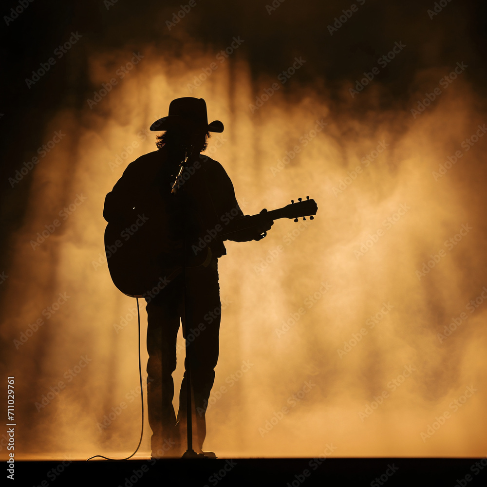 Silhouette of a country singer with a guitar, on a stage, smokey background