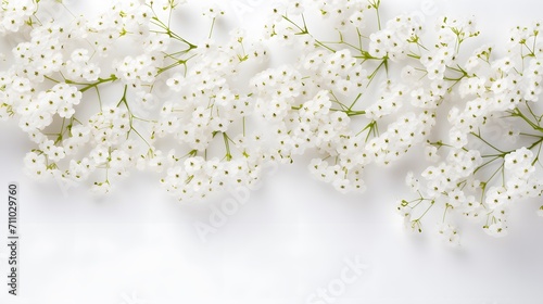 Small white gypsophila flowers on white background. Women's Day, Mother's Day, Valentine's Day, Wedding concept. Flat lay. Top view. Copy space photo