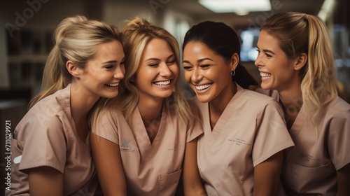 Four smiling women in pink scrubs © duyina1990
