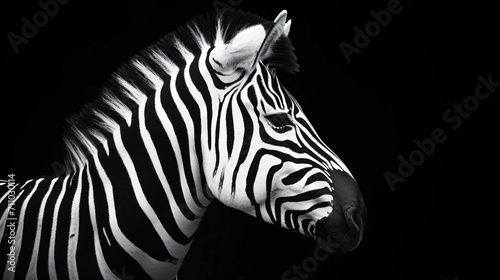 A high quality  high contrast  half profile black and white photograph of a zebra on a solid black background