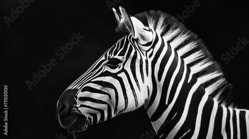 A high quality  high contrast  half profile black and white photograph of a zebra on a solid black background