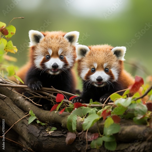 Two red pandas on a tree branch