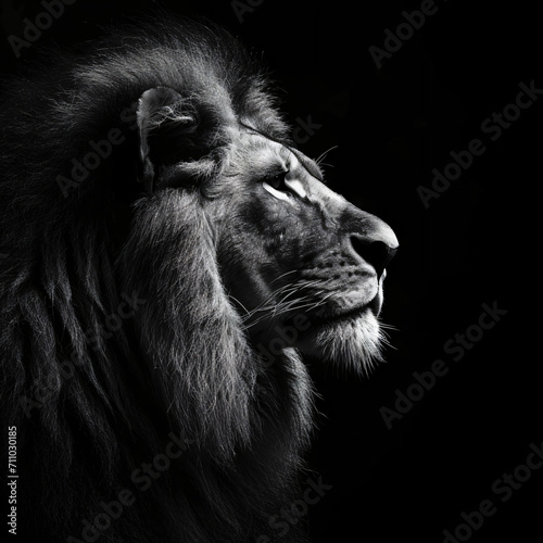 A high quality  high contrast  half profile black and white photograph of a lion on a solid black background