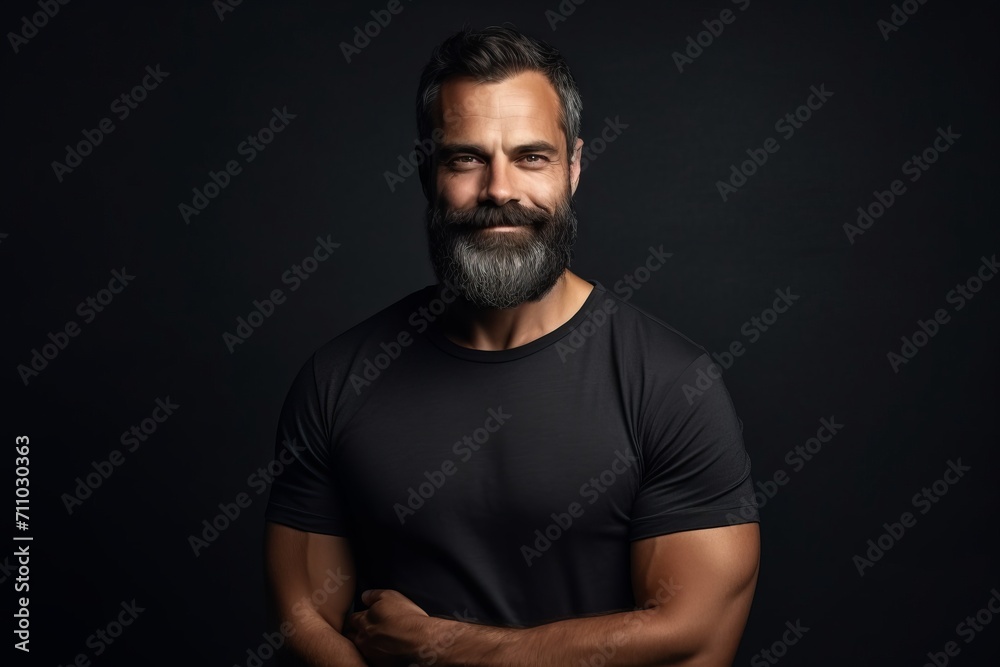 Portrait of handsome bearded man in black t-shirt on black background