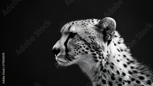 A high quality, high contrast, half profile black and white photograph of a cheetah on a solid black background