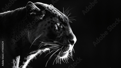 A high quality, high contrast, half profile black and white photograph of a black panther on a solid black background