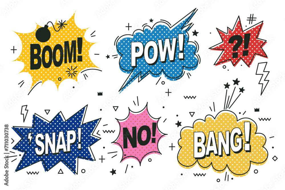 Obraz premium Set of comic speech bubbles isolated on white background. Expression funny style with text Pow, Bang, Boom, Snap. Banner, poster and sticker concept. Message Pow for web. Vintage design, pop art style