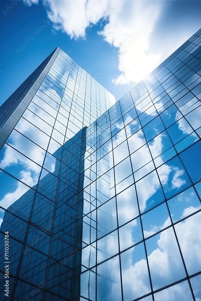 Blue glass skyscraper reflecting the sky