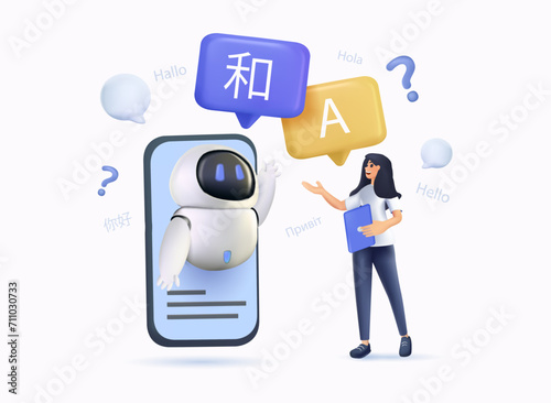 Translation concept. Online translator. AI chat bot help translator. Modern 3D cartoon style. Vector illustration. Online computer translator interface