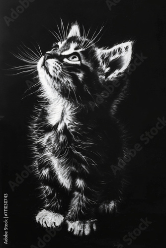 A black and white painting of a kitten / cat © Scott