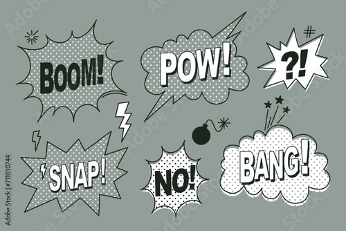 Set of comic speech bubbles isolated on grey background. Expression funny style with text Pow, Bang, Boom, Snap. Banner, poster and sticker concept. Message Pow for web. Vintage design, pop art style