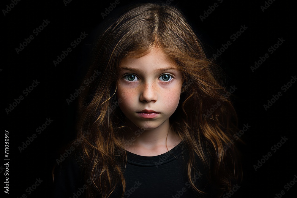 Portrait of a cute little girl with long hair on a black background