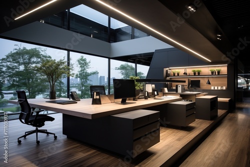 Modern office interior with large windows and wooden furniture
