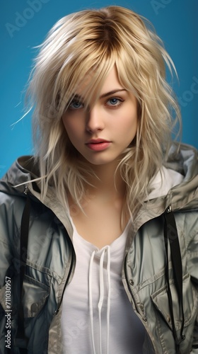 Portrait of a young blonde woman in a silver jacket