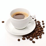 White cup of coffee with coffee beans