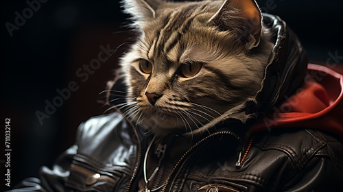 Cool cat wearing a leather jacket,
