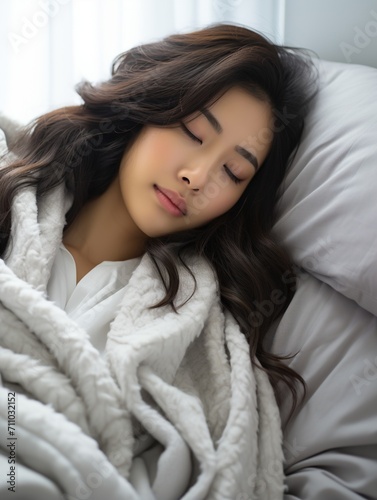 A beautiful Asian woman sleeping soundly under a white blanket