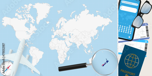 New Zealand is magnified over a World Map, illustration with airplane, passport, boarding pass, compass and eyeglasses.
