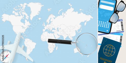 Vanuatu is magnified over a World Map, illustration with airplane, passport, boarding pass, compass and eyeglasses.
