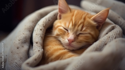 ginger cat sleeping on a bed