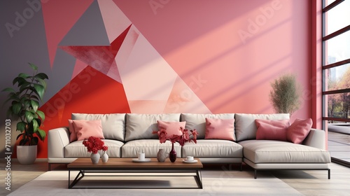 Scandinavian living room interior with pink and red geometric shapes photo