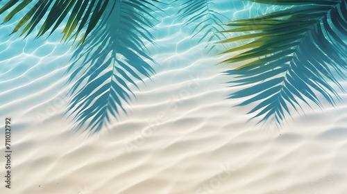 top view of water surface with tropical leaf shadow. Shadow of palm leaves on white sand beach. Beautiful abstract background concept banner for summer vacation at the beach.

