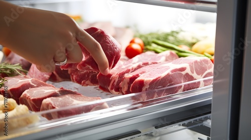 Woman putting raw meat in refrigerator, close up, Refrigerator with fresh meat products. 