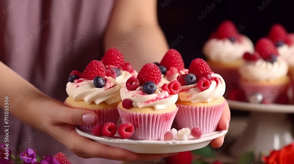 Women's hands of a confectioner, decorating cupcakes with raspberries. Pastry chef decorates the muffins with fresh berries. Close-up, space for text