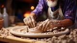 Senior male potter shaping clay on pottery wheel