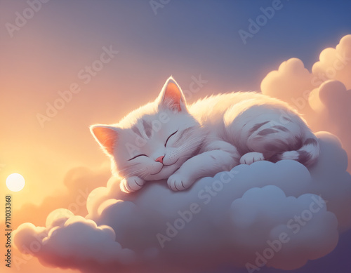 Sweet kitten with closed eyes rests on a cloud at sunset, emanating a cozy vibe