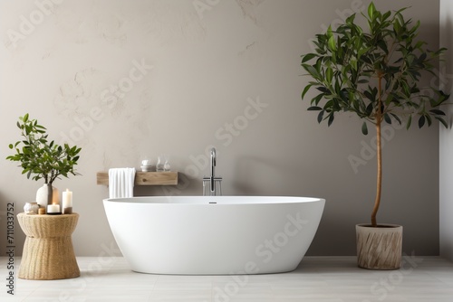 Freestanding bathtub in a minimalist bathroom