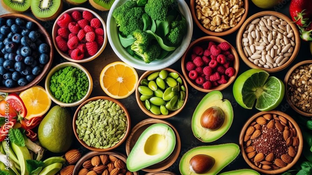variety of bright and fresh fruits, berries and nuts, neatly distributed in wooden bowls on a green background. Concept: Healthy food for a diet menu. Vitamins and microelements variety of bright and fresh fruits, berries and nuts, neatly distributed in wooden bowls on a green background. Concept: Healthy food for a diet menu. Vitamins and microelements