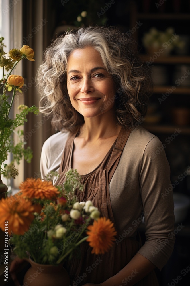 Portrait of a smiling middle-aged woman with gray hair and an apron holding a vase of flowers