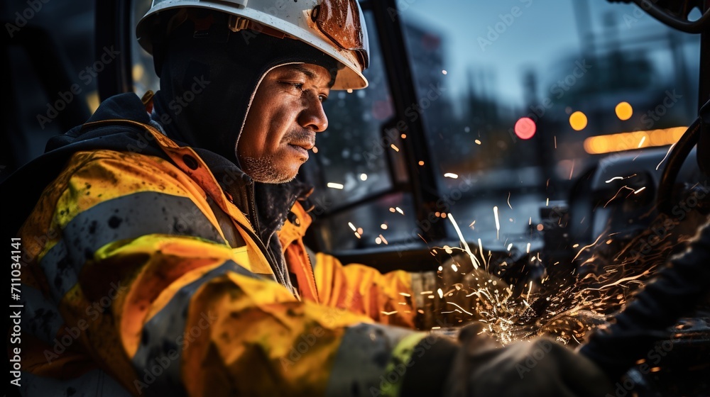 Construction worker using a grinder in the evening
