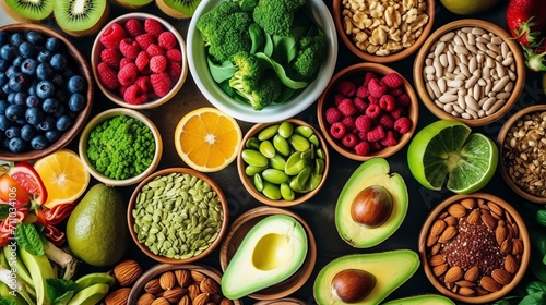 variety of bright and fresh fruits  berries and nuts  neatly distributed in wooden bowls on a green background. Concept  Healthy food for a diet menu. Vitamins and microelements