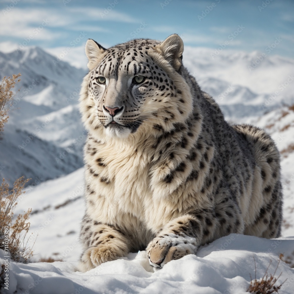 a digital painting of a sleek and elusive snow leopard in its natural snowy habitat, highlighting the creature's grace and beauty in a snowy mountain landscape. a digital painting of a sleek and elusive snow leopard in its natural snowy habitat, highlighting the creature's grace and beauty in a snowy mountain landscape.