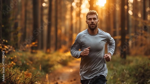 Obraz na płótnie A man running through the forest w salonie