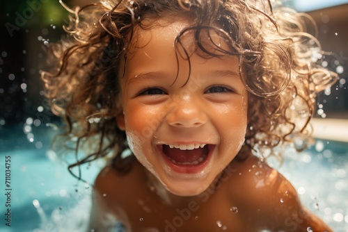 Curly Haired Toddler Boy Playing In Water © Adobe Contributor