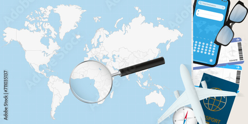 Sao Tome and Principe is magnified over a World Map, illustration with airplane, passport, boarding pass, compass and eyeglasses.