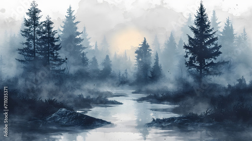 Watercolor foggy forest landscape illustration. Wild nature in wintertime. © Clipart Collectors