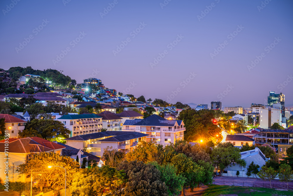 Hillside suburb Tamboerskloof lit up at night, Cape Town, South Africa