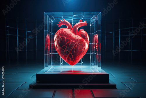 Red 3D human heart in a glass cube on a podium. Generated by artificial intelligence photo