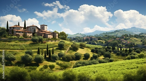 Tuscan landscape with a villa and cypress trees