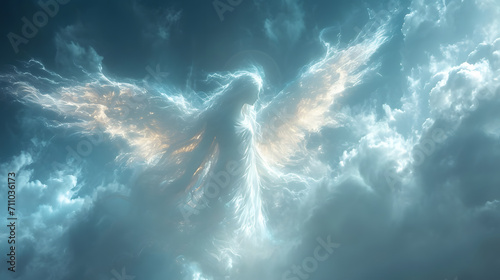 Angel spirit across a bright blue sky with clouds  photo
