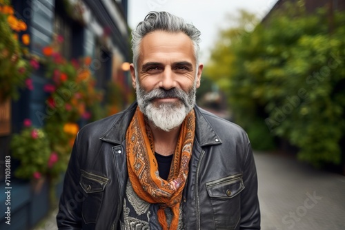 Portrait of a handsome bearded man with a gray beard in a black leather jacket on the street.