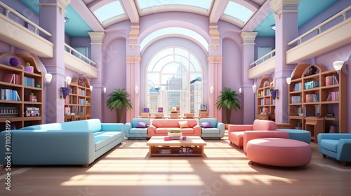 A living room with a large window and a lot of bookshelves