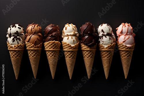 Assorted chocolate ice cream in sugar cones