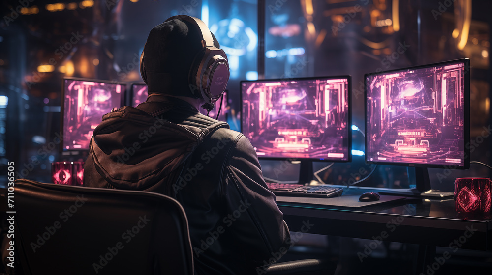 Professional IT Programmer Uses Headphones while Working on Desktop Computer. Professional IT Programmer Uses Headphones while Working on Desktop Computer.