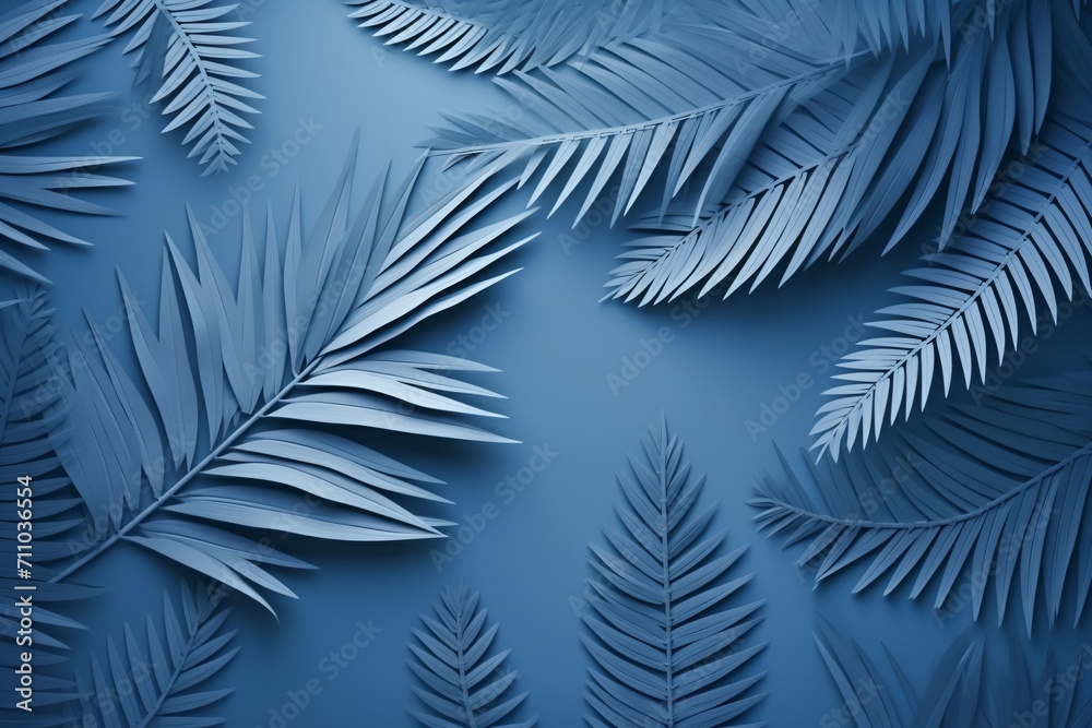 Blue paper palm leaves on blue background