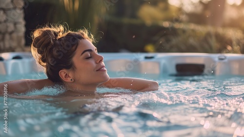 portrait of a woman soaking in a pool comfortably.